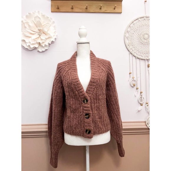 H&M Dusty Rose Boxy Cropped Alpaca Wool Blend Cardigan Sz Small - Picture 1 of 5